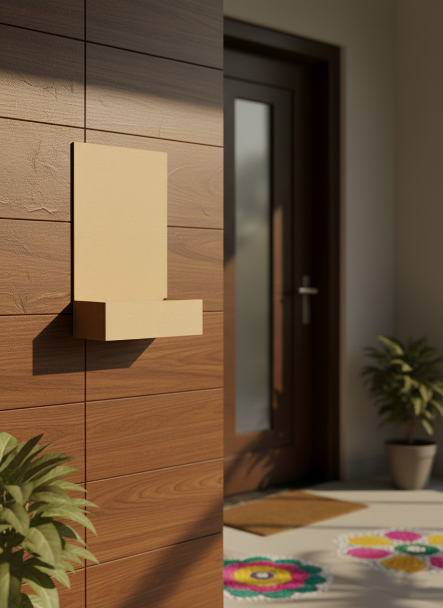  DIY MDF nameplate with letter space on a wooden wall, plant, and colorful rug in the background.
