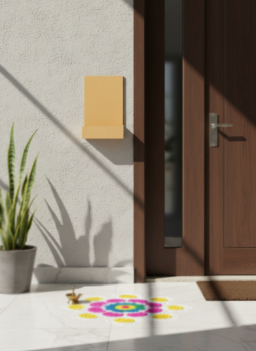 DIY MDF nameplate with letter space with a background of Decorative colorful doormat in front of a wooden door with a plant nearby.