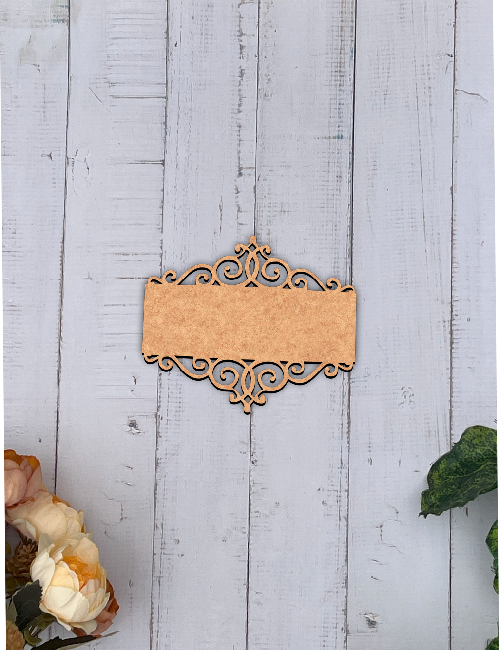 Decorative MDF house nameplate with laser-cut border and smooth unpainted center for DIY painting and personalized lettering hanging on wall