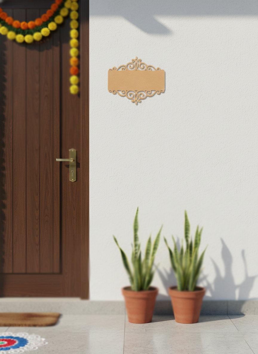 Decorative MDF house nameplate with laser-cut border and smooth unpainted center for DIY painting and personalized lettering hanging on wall