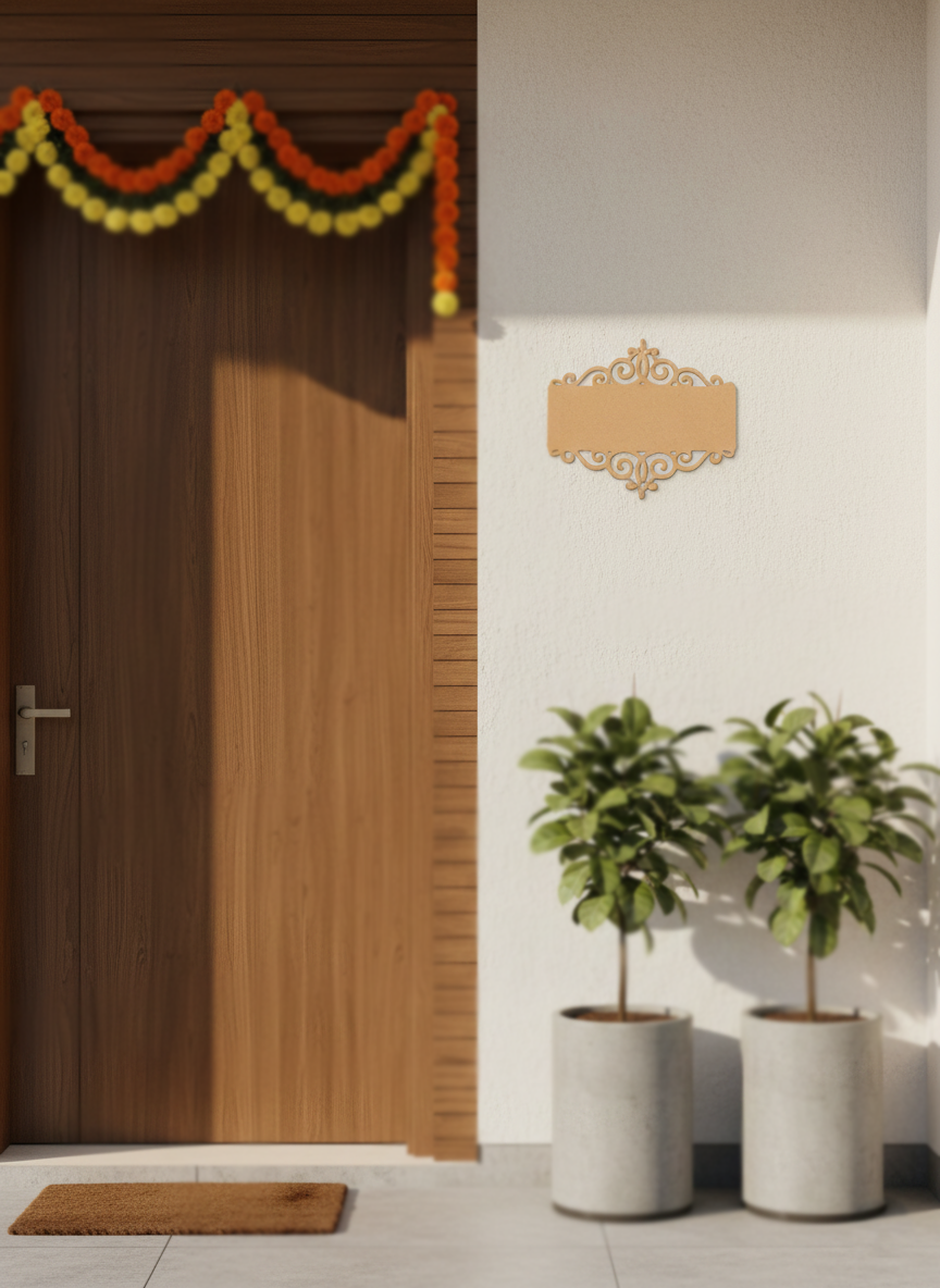 Decorative MDF house nameplate with laser-cut border and smooth unpainted center for DIY painting and personalized lettering hanging on wall