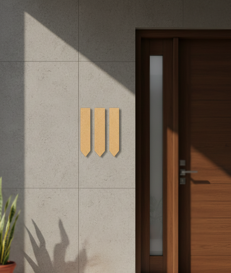 Modern door with MDF board and a plant on a gray wall