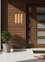 Modern wooden front door with decorative elements on a house exterior.