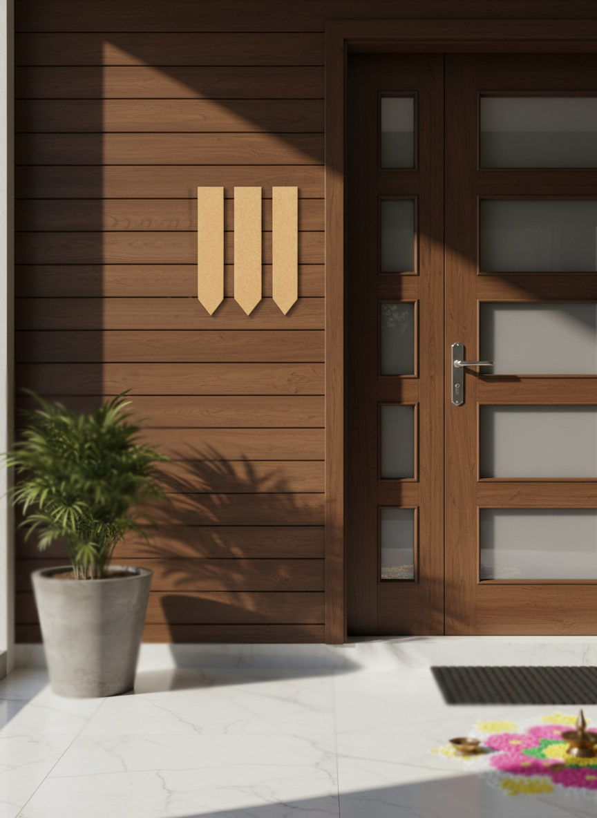 Modern wooden front door with decorative elements on a house exterior.