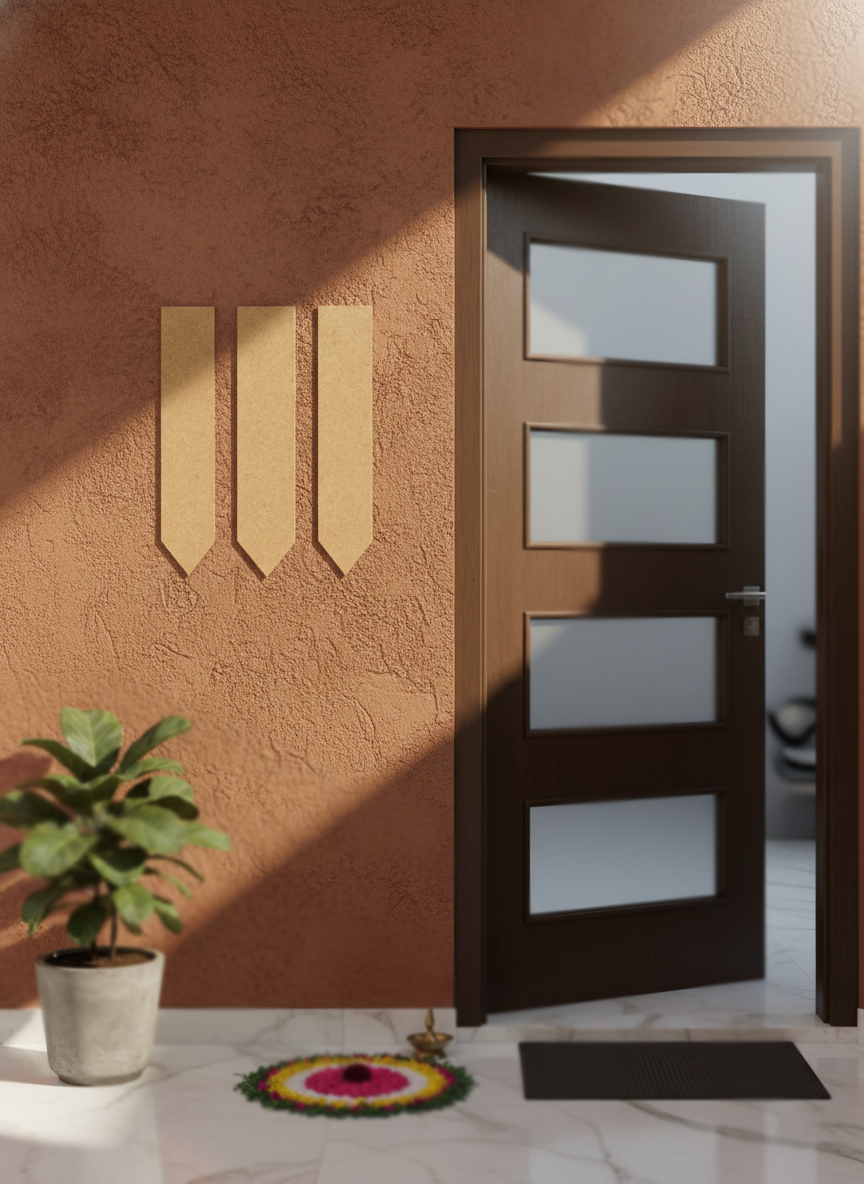 Brown door with decorative mat and plant on a marble floor
