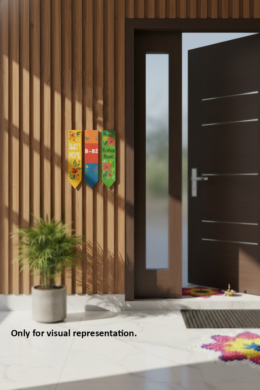 Modern house entrance with a wooden door, colorful decorative elements, and a plant.