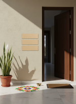 Decorative entrance mat with colorful design on a marble floor, potted plant, and open door.