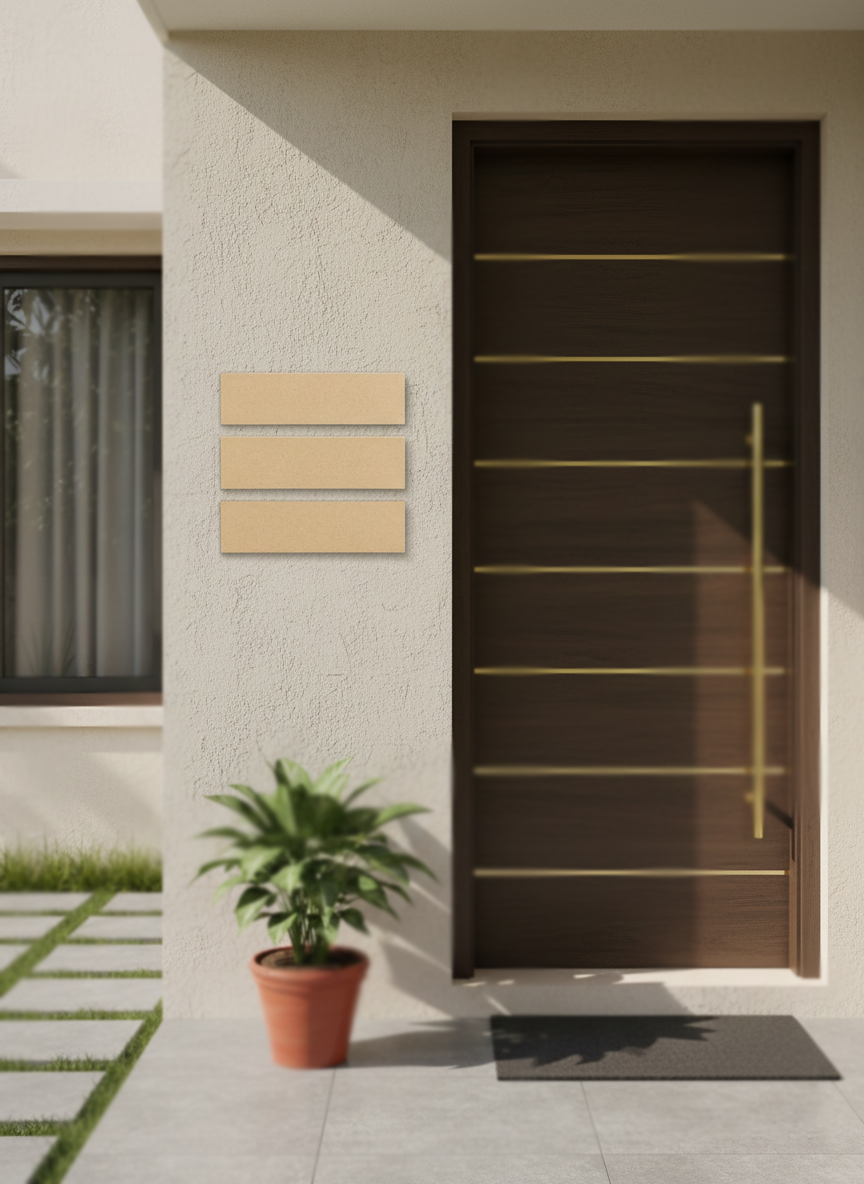 Modern wooden door with gold accents on a house exterior