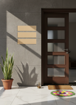 Modern wooden door with glass MDF board on a gray tiled wall, potted plant, and decorative mat.