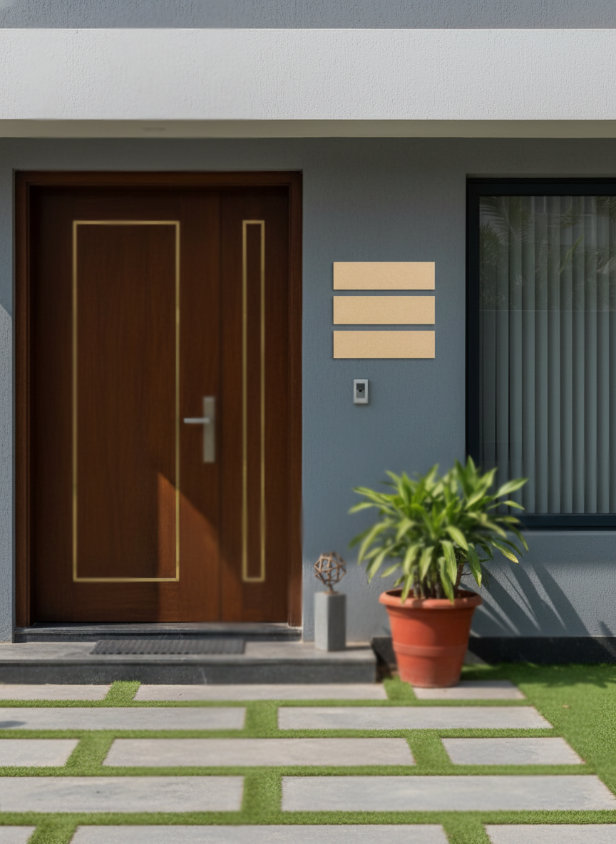Modern house entrance with a brown door, gray wall, and potted plant.