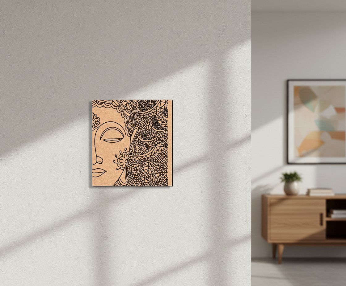 Abstract MDF DIY wall art on a white wall with a wooden sideboard in the background