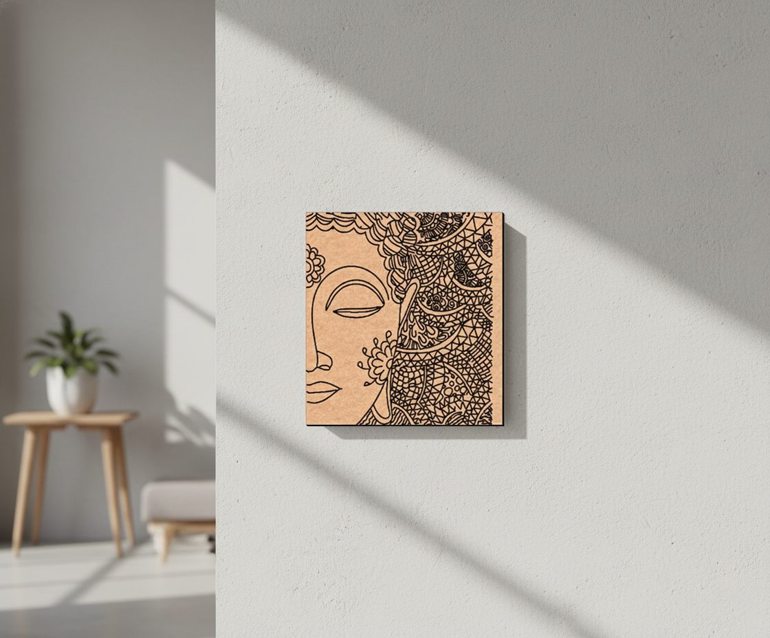 Decorative MDF DIY wall art of a stylized face with intricate patterns on a beige background, hanging on a light gray wall.