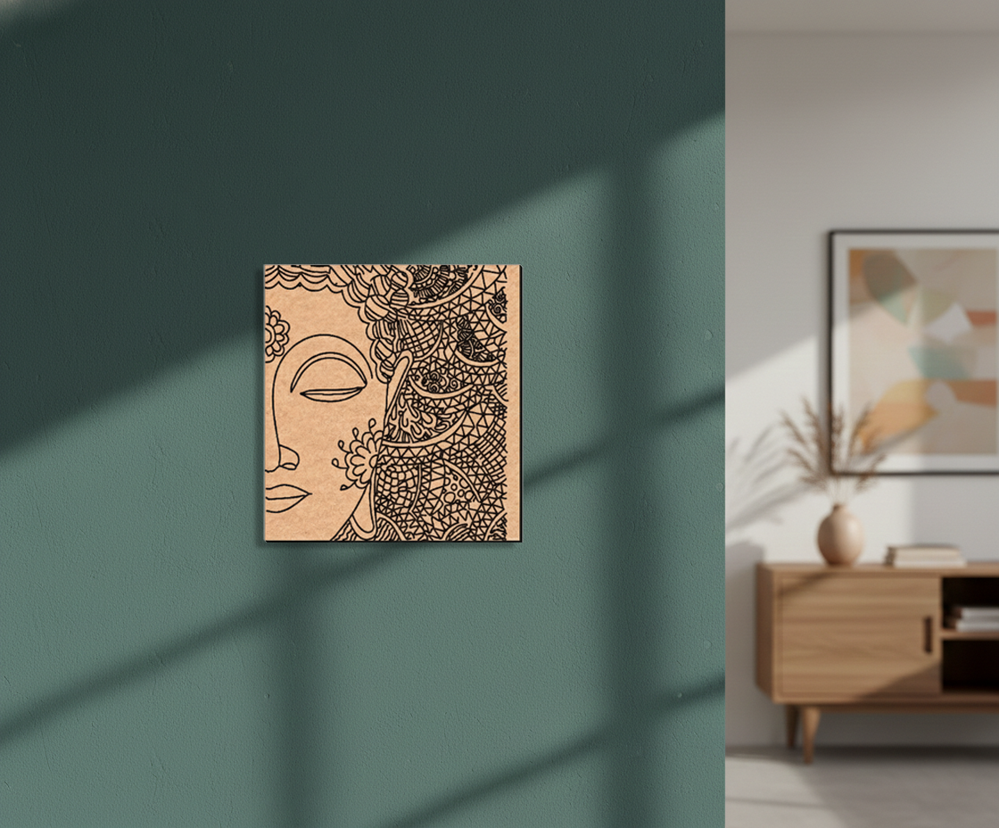 MDF DIY  wall art with face design on a teal wall, next to a living room setting with a painting.