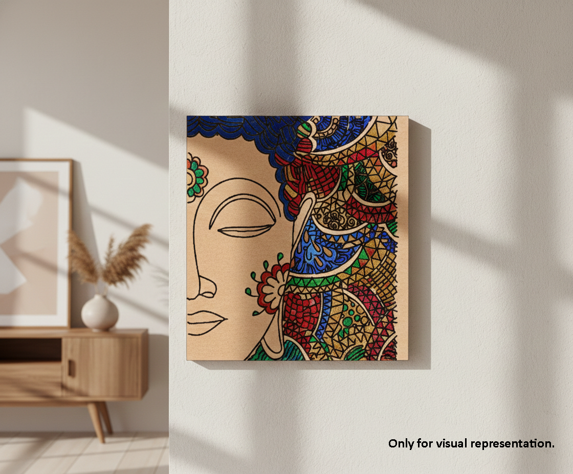 MDF DIY Colorful abstract art piece on a wall in a room with a wooden cabinet and decor.