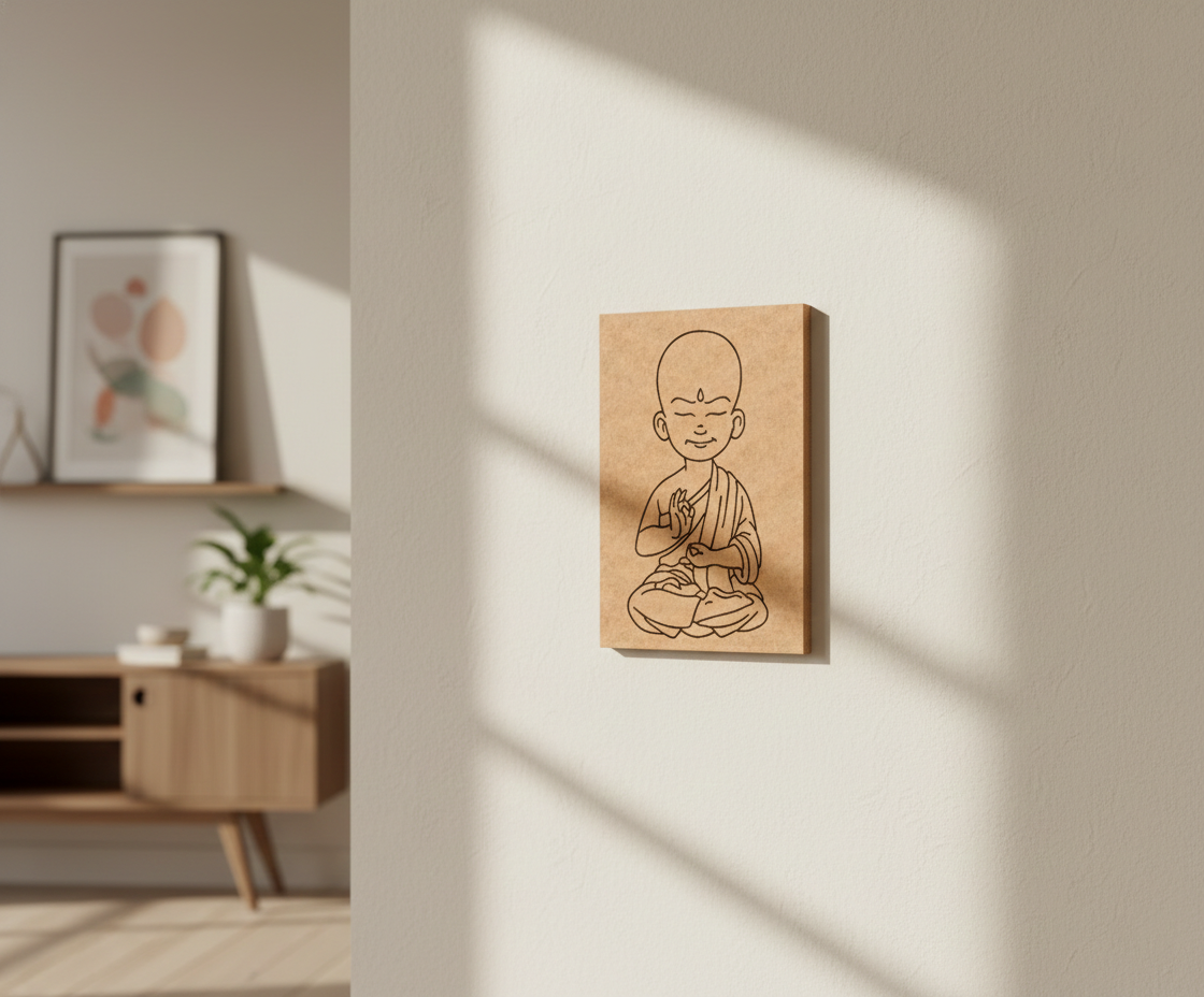 MDF DIY  wall art of a monk in a minimalistic room with sunlight casting shadows.