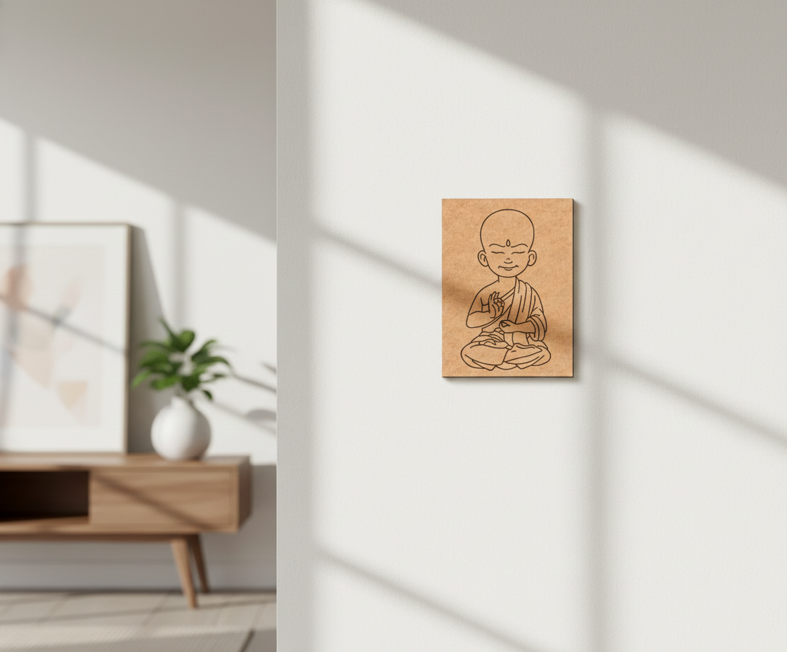 MDF DIY  wall art of a meditating figure on a white wall with soft shadows