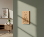 MDF DIY  Framed minimalist drawing of a child on a wall in a room with a wooden cabinet and plant.