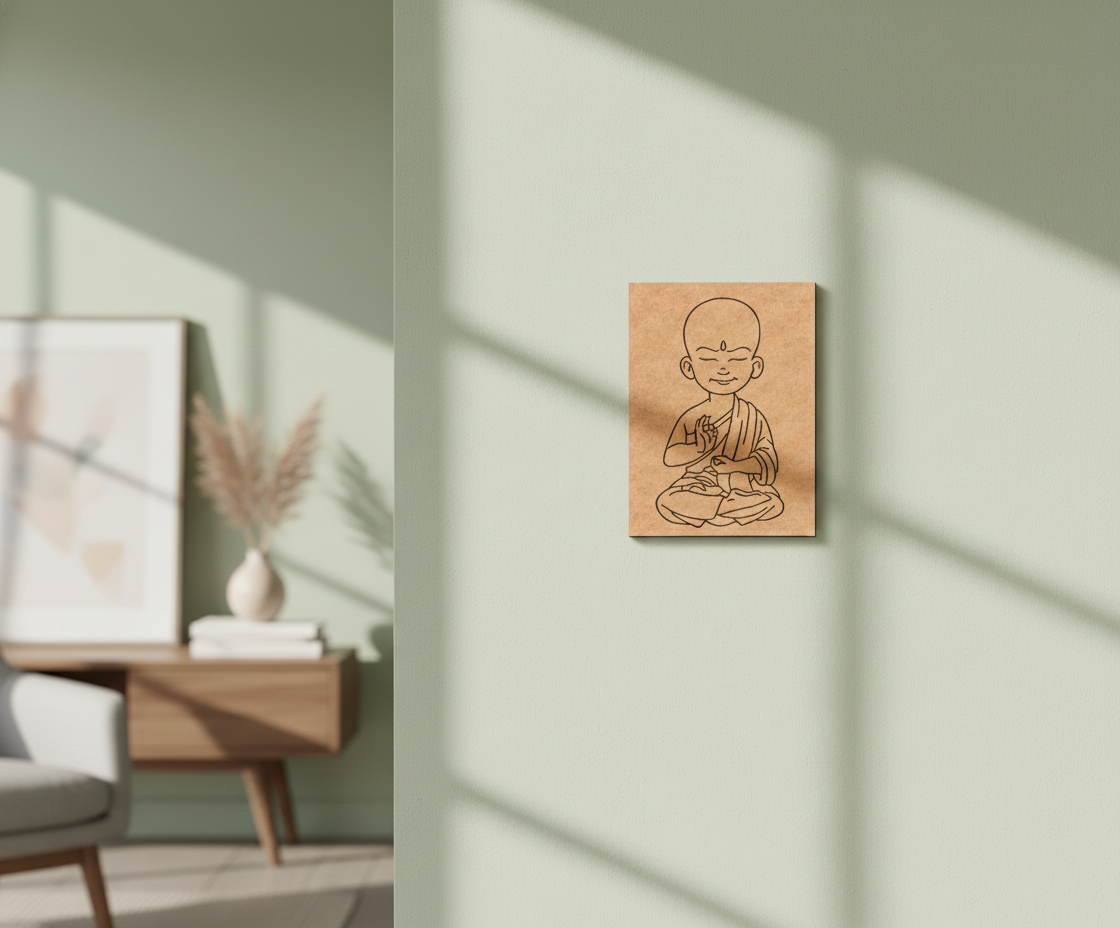 MDF DIY  wall art of a child in a meditative pose on a light green wall.
