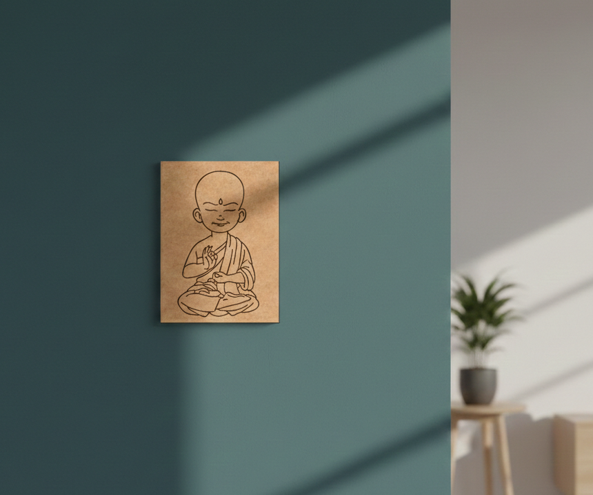 MDF DIY  wall art of a meditating monk on a teal wall.