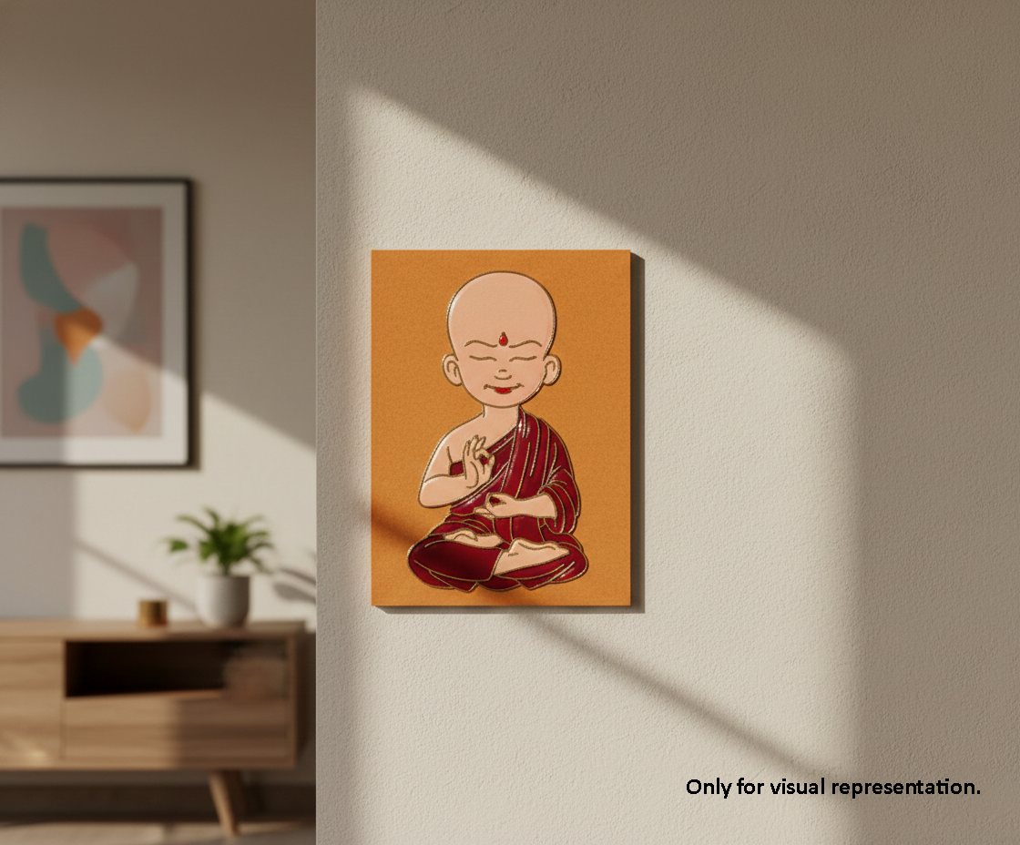 MDF DIY  Canvas print of a monk on an orange background in a room with a desk and plant.