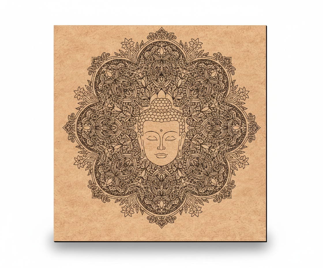 Decorative MDF DIY wall art with Buddha face and mandala design on a brown paper background