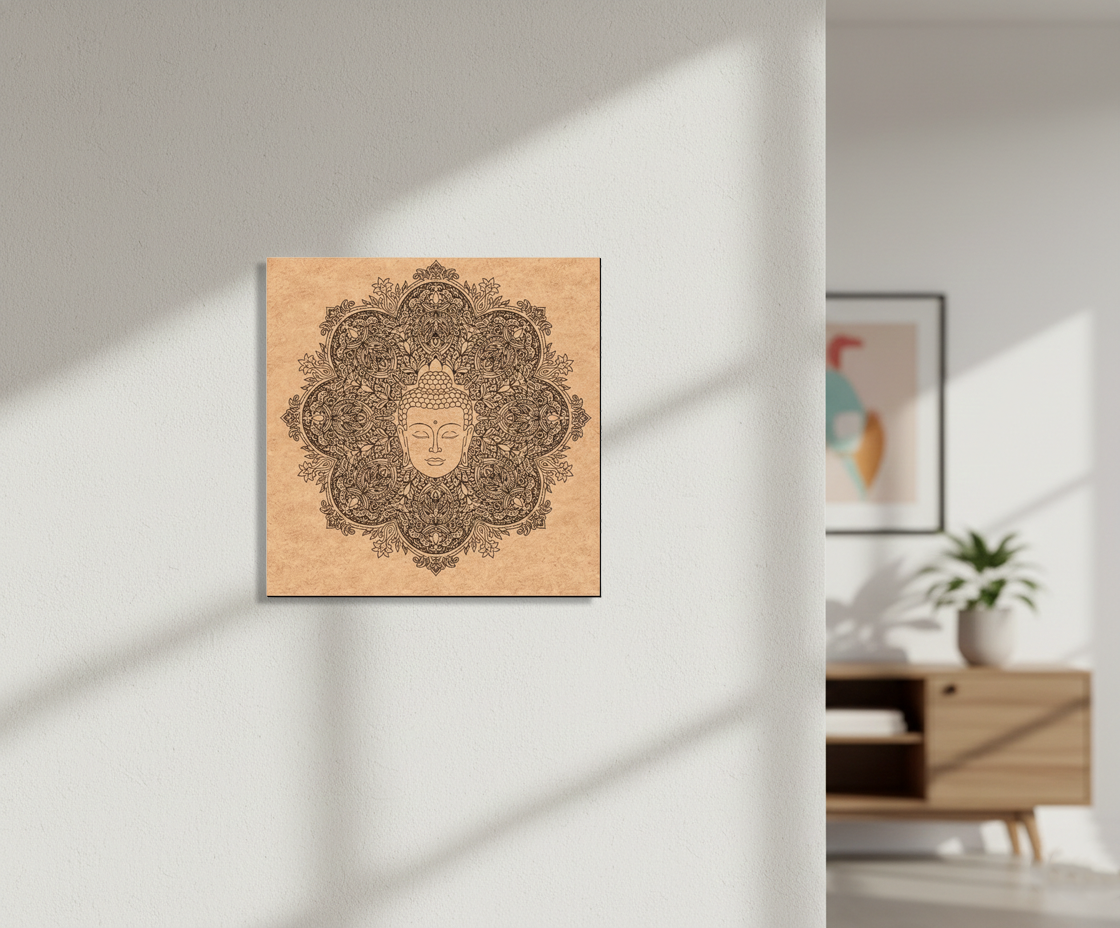 Decorative MDF DIY wall art with Buddha design on a wooden panel in a modern interior setting.