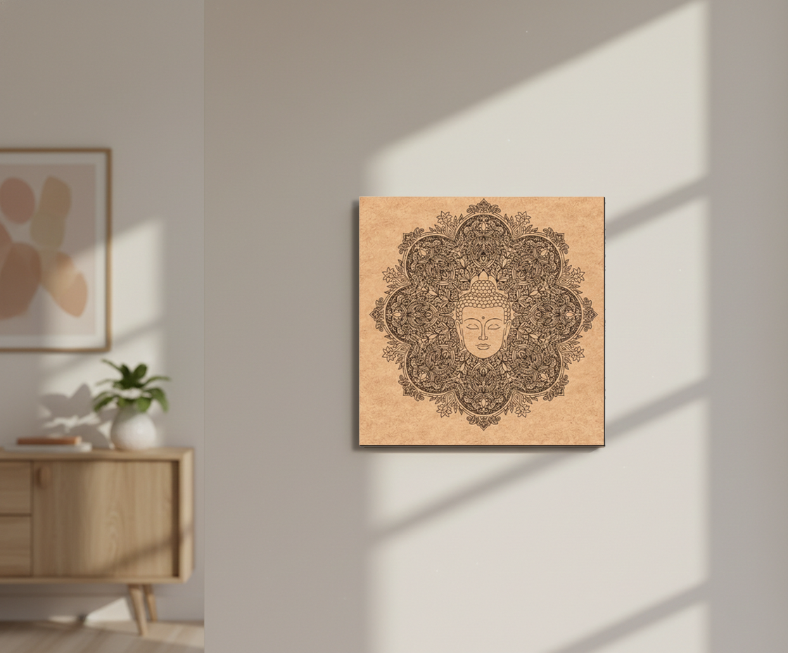 Decorative MDF DIY wall art with mandala design on a beige wall in a room with sunlight casting shadows.