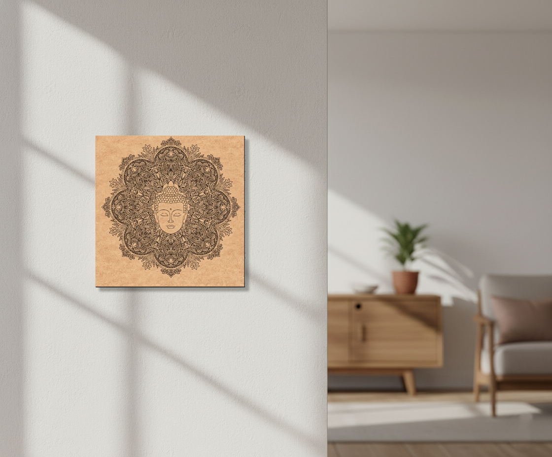 Decorative MDF DIY wall art with a mandala design featuring a face on a wooden panel in a room with furniture.