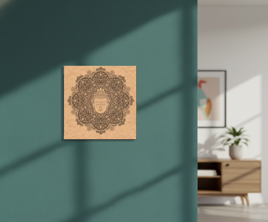Decorative MDF DIY wall art with mandala design on a teal wall
