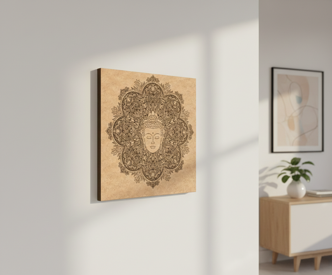 Decorative MDF DIY wall art with Buddha design on a wooden panel in a modern interior setting.