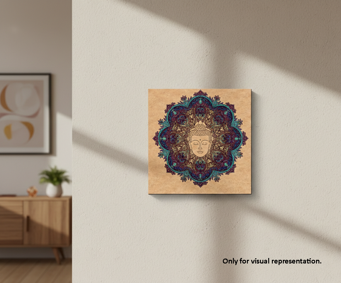 Decorative MDF DIY wall art with a mandala design featuring a face on a wooden panel, placed on a wall.