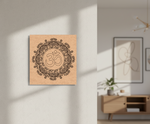 Decorative MDF DIY wall art with a mandala design on a wooden panel in a room setting.