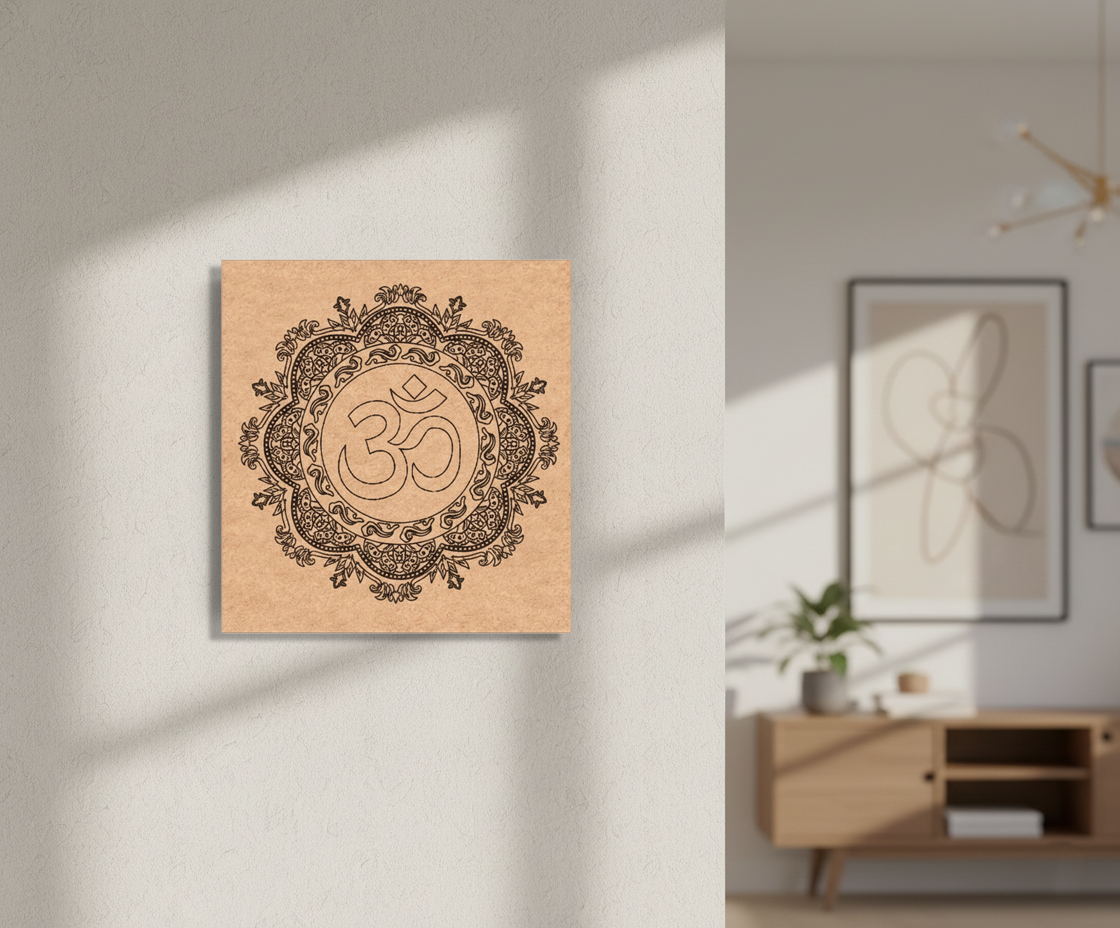 Decorative MDF DIY wall art with a mandala design on a wooden panel in a room setting.