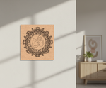 Decorative MDF DIY wall art with a mandala design and 'Om' symbol on a wooden panel in a room setting.