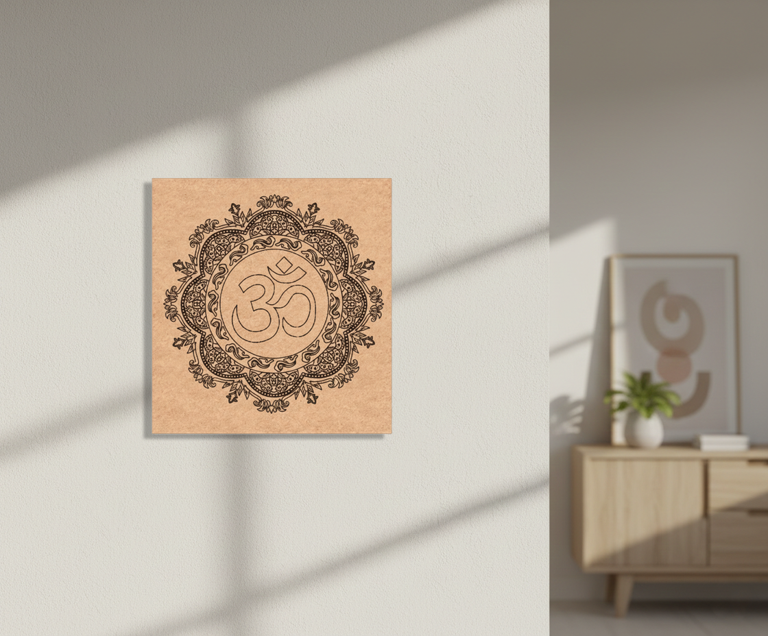 Decorative MDF DIY wall art with a mandala design and 'Om' symbol on a wooden panel in a room setting.