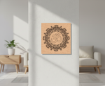 Decorative MDF DIY wall art with a mandala design and 'Om' symbol in a living room setting.