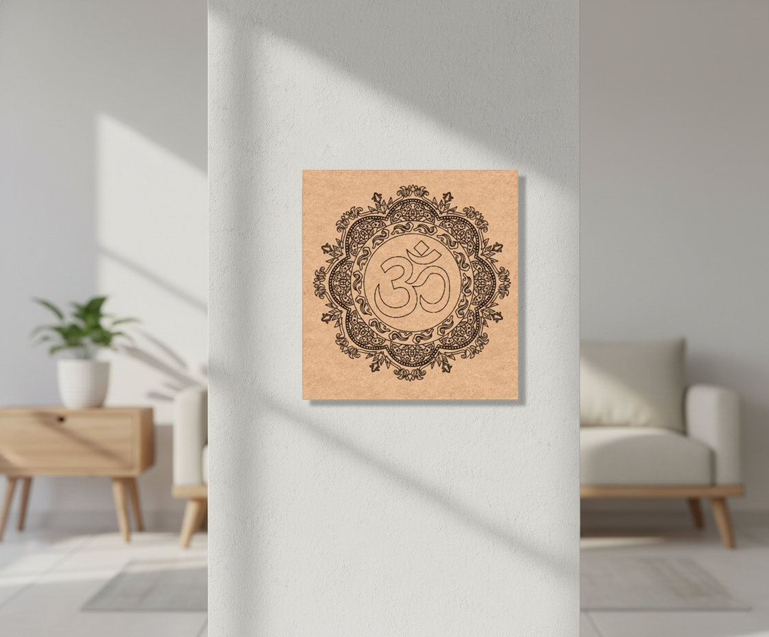 Decorative MDF DIY wall art with a mandala design and 'Om' symbol in a living room setting.