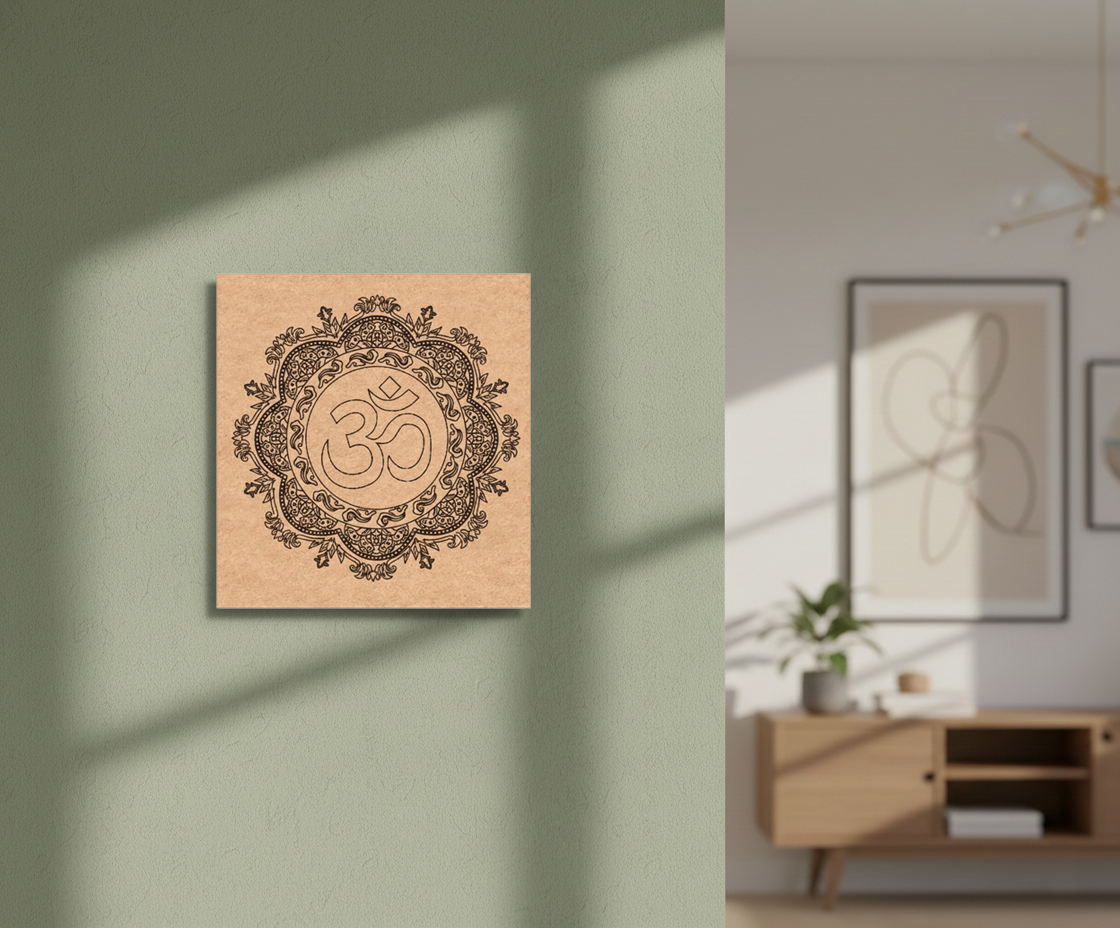Decorative MDF DIY wall art with a mandala design on a light wood background, displayed in a room with a modern interior.