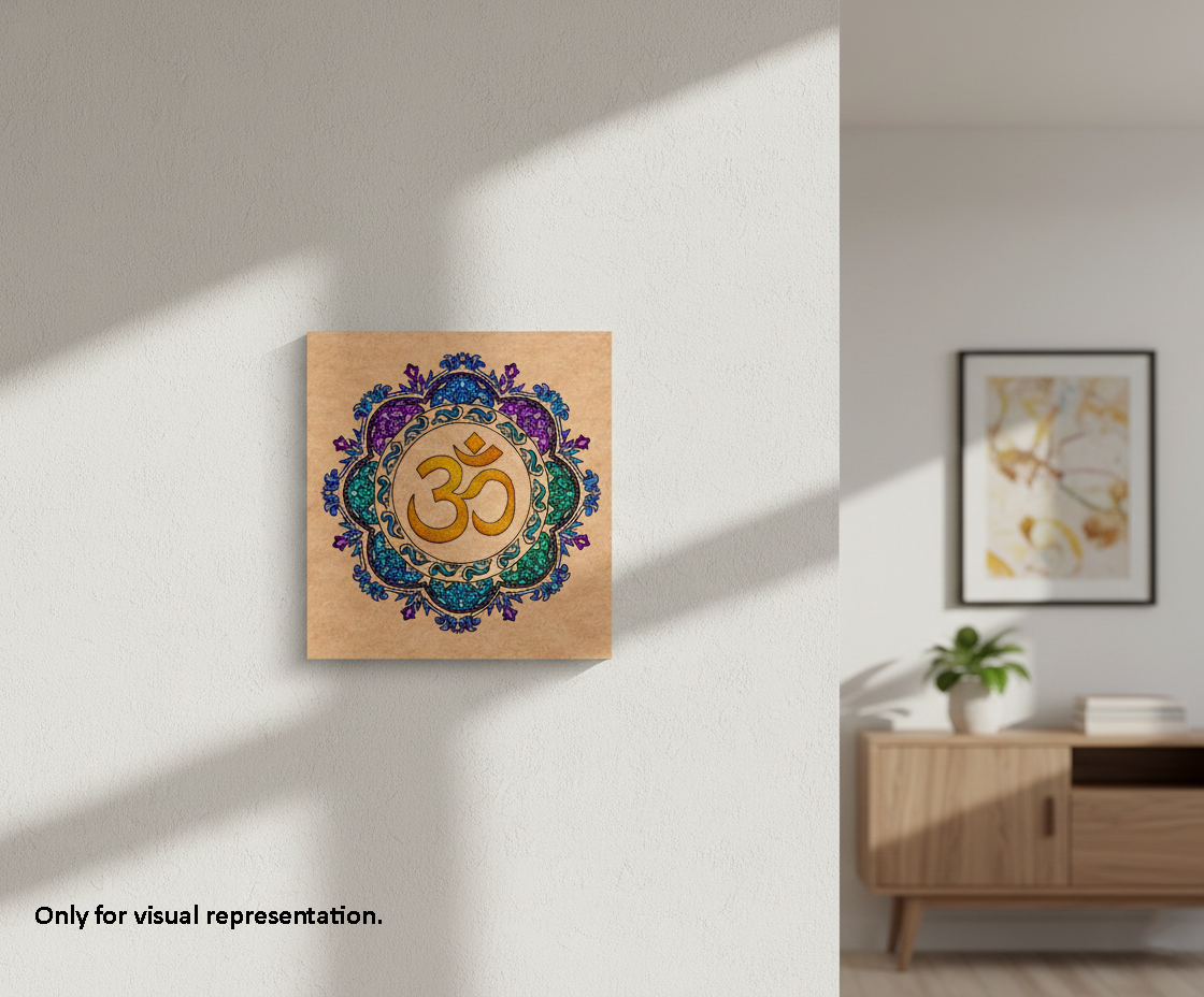Decorative MDF DIY wall art with a colorful symbol on a wooden panel in a room setting.