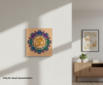 Decorative MDF DIY wall art with a colorful symbol on a wooden panel in a room setting.