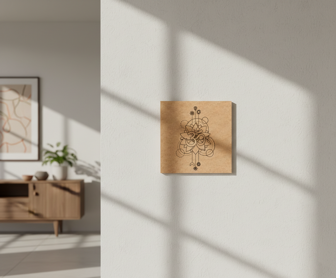 MDF DIY  wall art piece with abstract design on a light gray wall.
