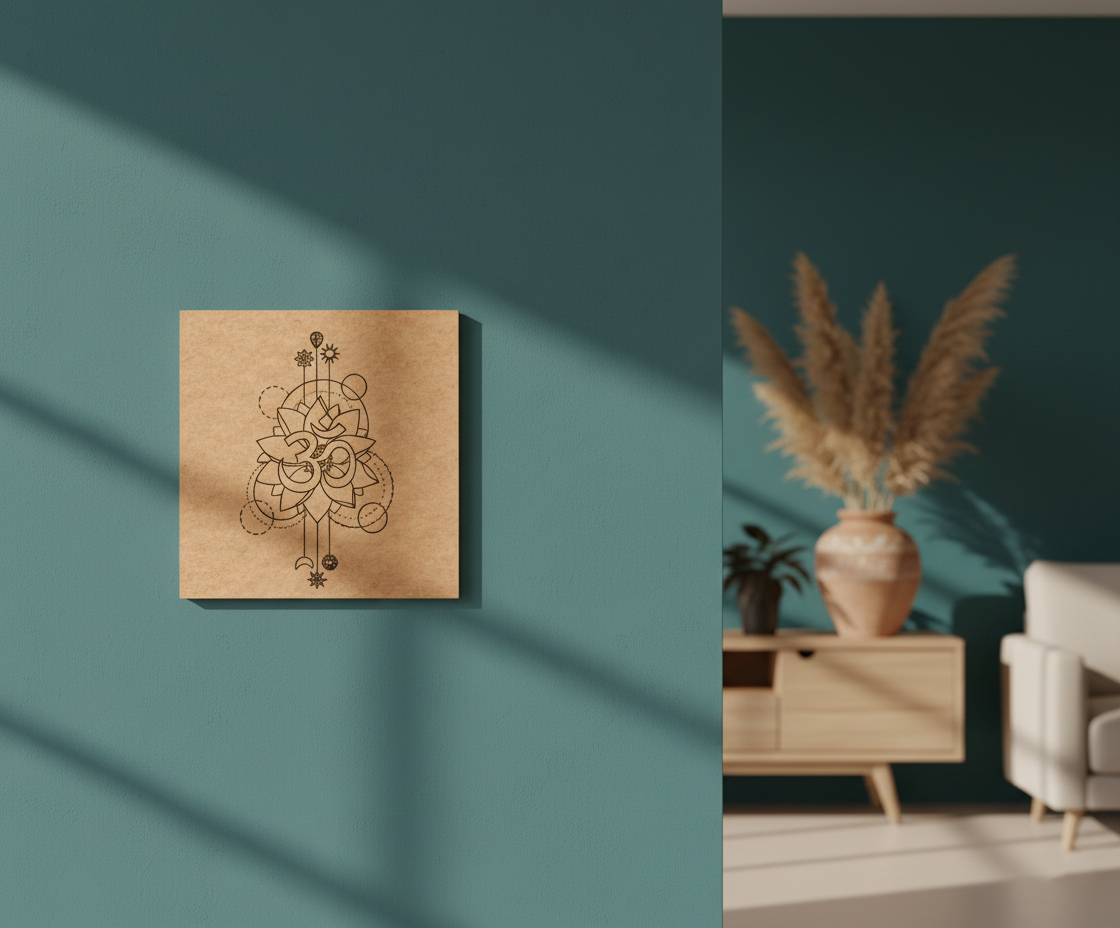 MDF DIY wall art piece on a teal wall with a living room setting featuring a vase and plants.