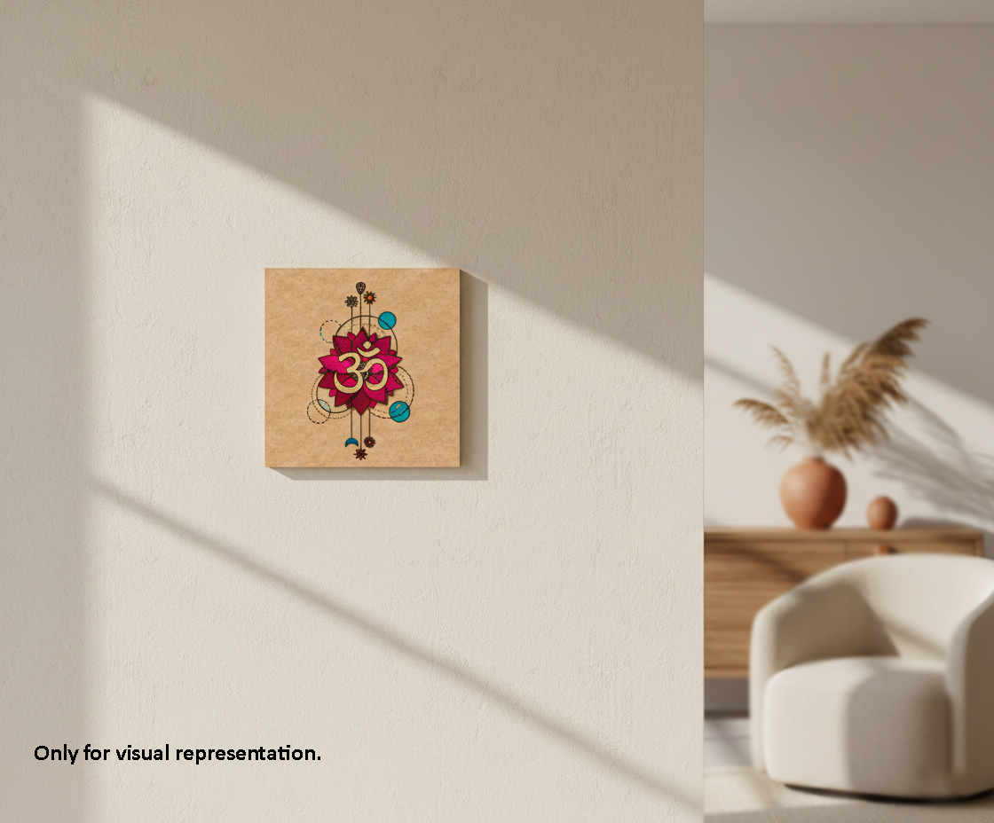 Decorative MDF DIY  wall art with a symbol on a wooden panel in a room with a chair and decor.