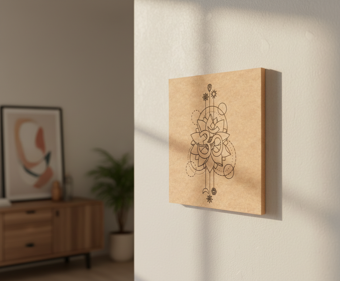 MDF DIY wall art with om geometric design in a room setting
