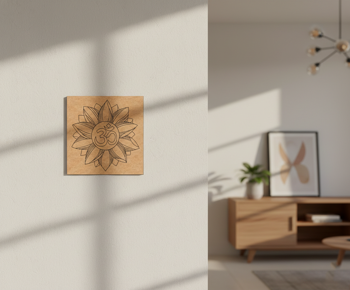 MDF DIY  wall art with a sun design and Om symbol on a white wall.