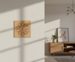 MDF DIY  wall art with a sun design and Om symbol on a white wall.