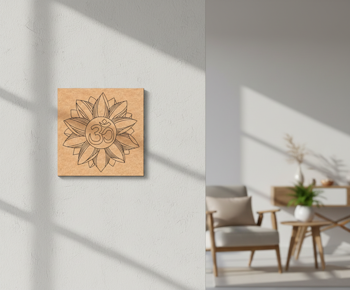MDF DIY  wall art with a sun design and Om symbol on a white wall.