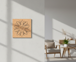 MDF DIY  wall art with a sun design and Om symbol on a white wall.