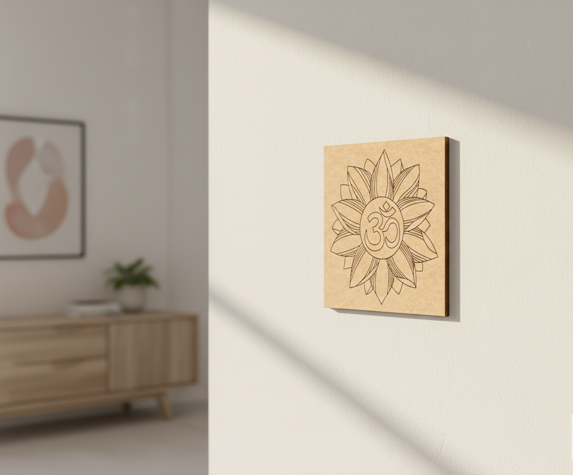 MDF DIY wall art with a floral design and 'Om' symbol on a light-colored wall.