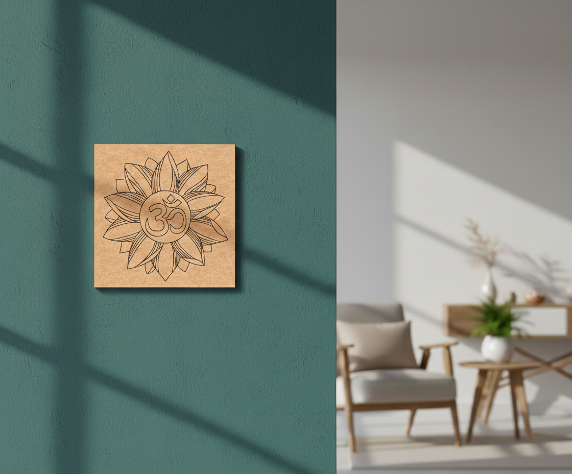 MDF DIY wall art with a sun design and Om symbol on a teal wall, next to a modern living room.